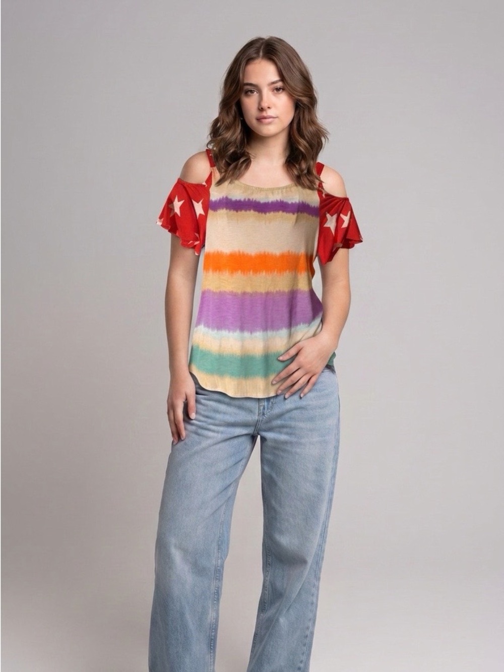 Multicolor Tie-Dye Cold-Shoulder Tank with Red Star Sleeves-New